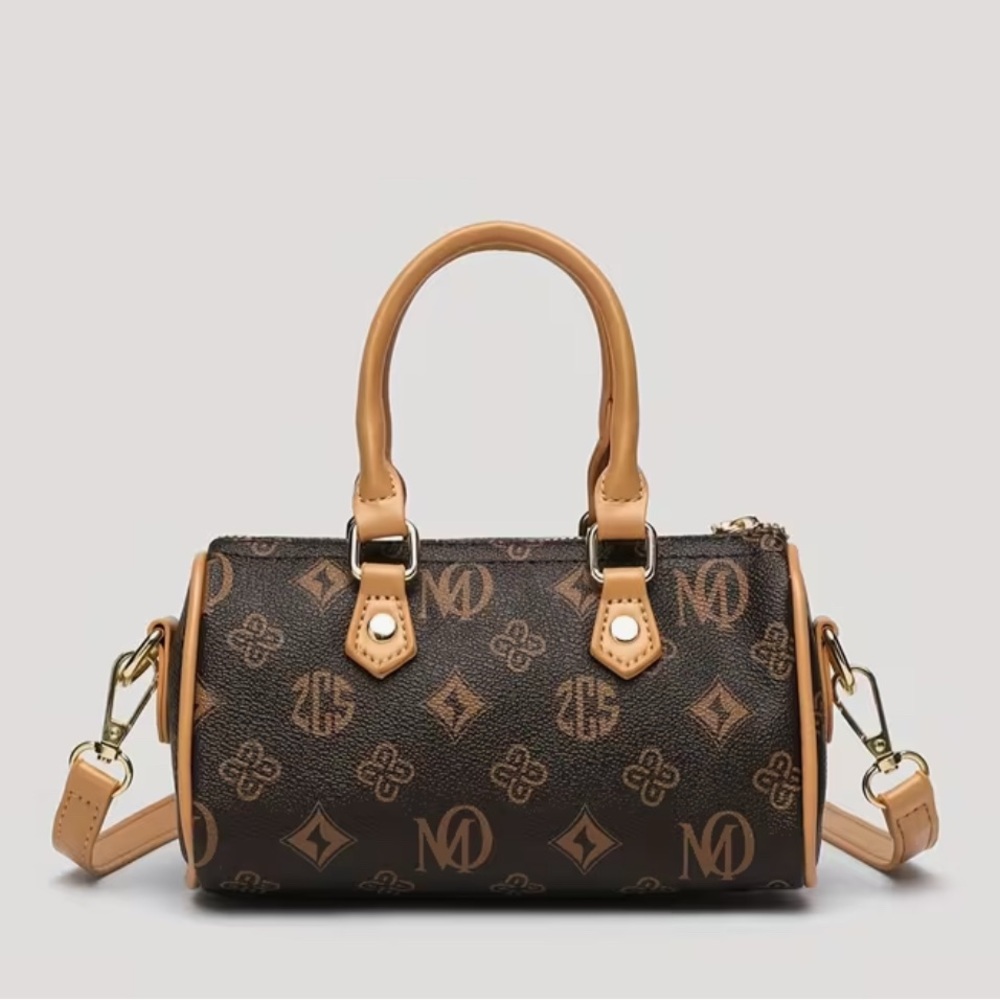 Brown Monogram Barrel Bag Designer Inspired with Puppy Charm & Golden-Tone NIP - Picture 6 of 13